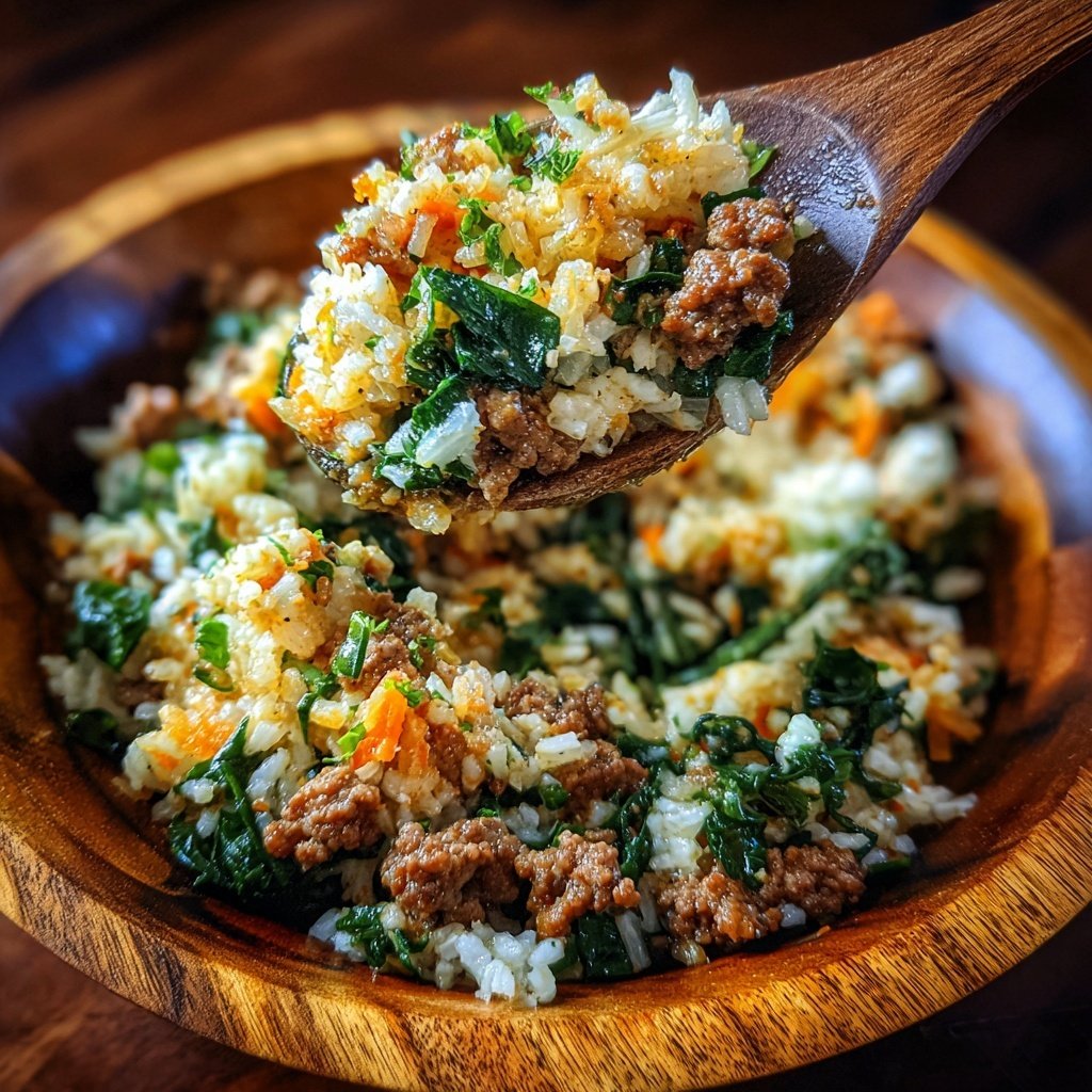 Ground Beef And Spinach Rice Bowl